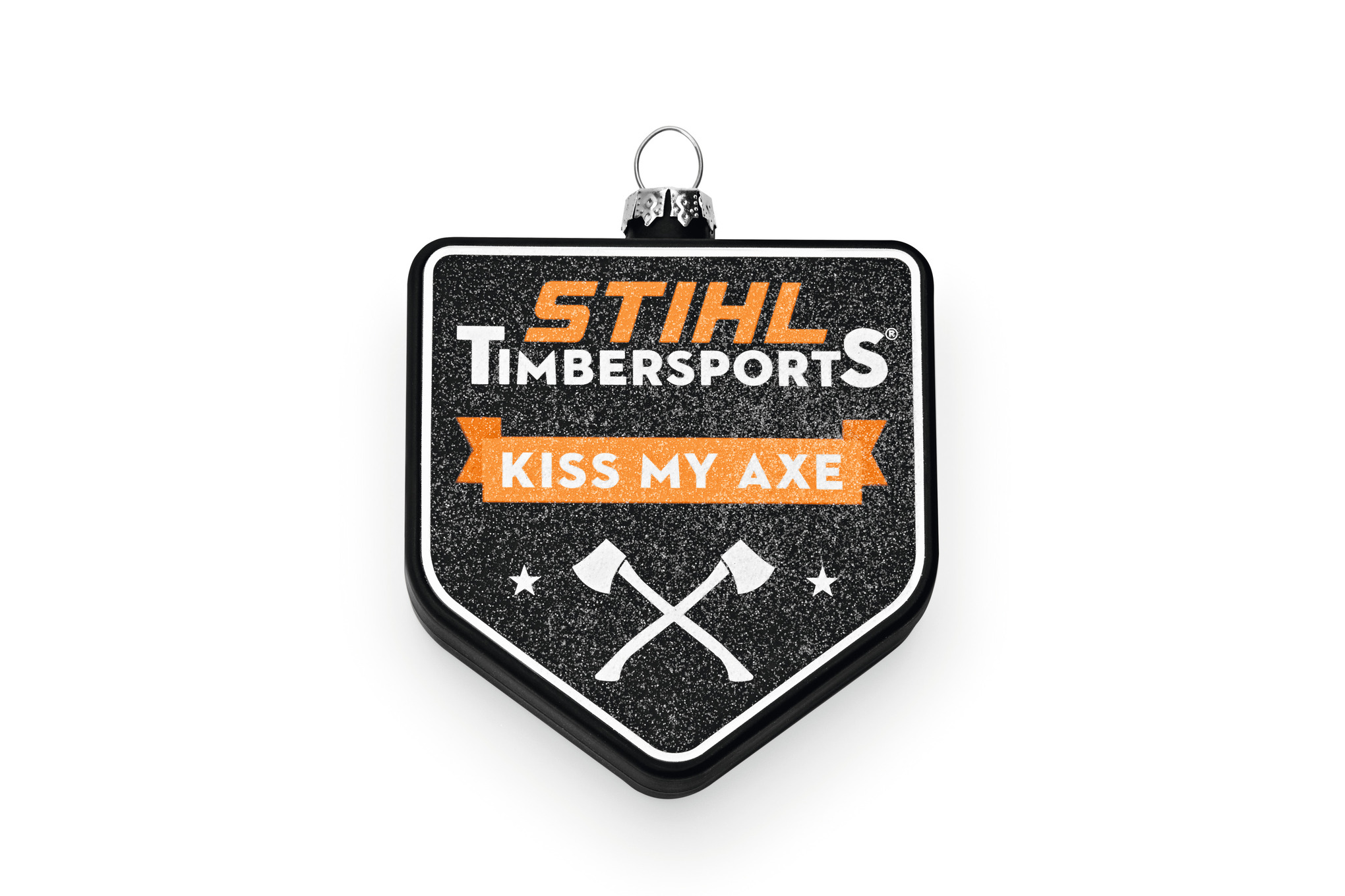 Julekugle med teksten »KISS MY AXE«