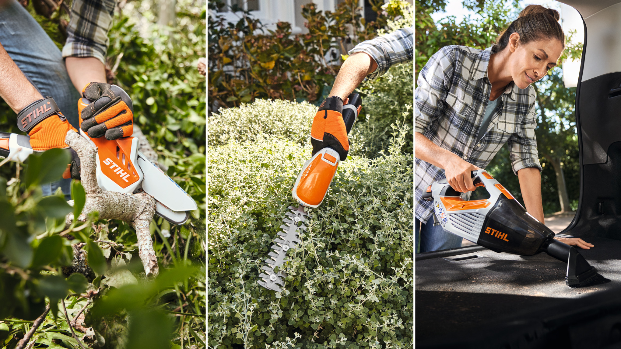 STIHL AS-systemets batterimaskiner: GTA 26 batterihåndsav, HSA 26 batteridrevet busktrimmer og SEA 20 batterihåndstøvsuger