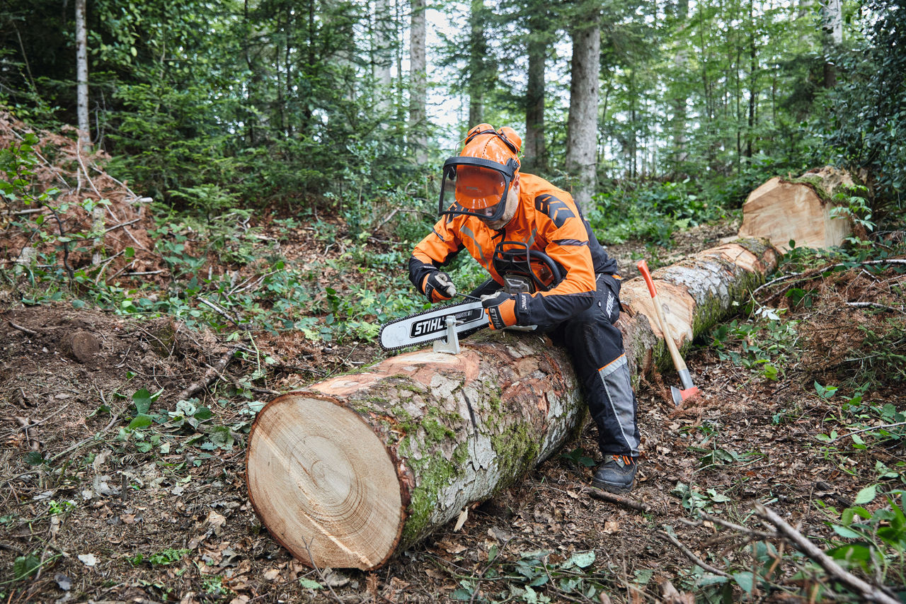 En mand i beskyttelsesudstyr bruger en STIHL-motorsav med massivt sværd til at opskære et træ, der allerede er fældet