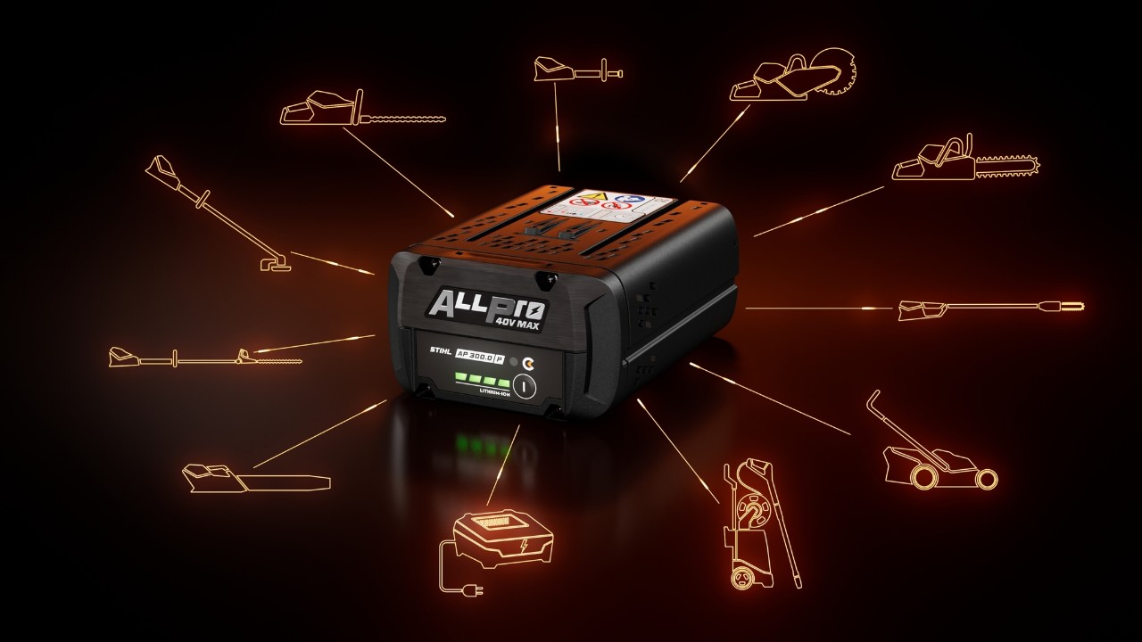 STIHL ALLPRO AP 300.0 P C-batteri med forskellige produktkategorisymboler, der angiver kompatibilitet