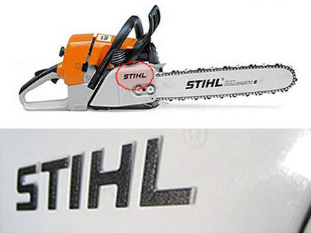 : Vigtigste tegn på, at en STIHL-motorsav er original:Hævet og sort trykt STIHL-skrift på kædehjulsdækslet. STIHL benytter aldrig simple klistermærker til varemærkenavn og modelbetegnelser.